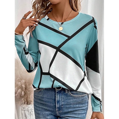 

Women's T shirt Tee Color Block Print Daily Casual Long Sleeve Crew Neck Pink Spring Fall