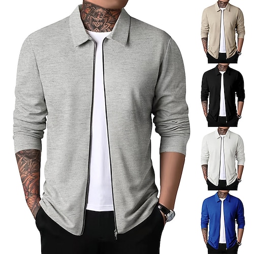 

Men's Lightweight Jacket Waffle Jacket Casual Jacket Daily Vacation Warm Pocket Spring & Fall Plain Fashion Classic Lapel Regular Waffle Fabric Black White Royal Blue Khaki Light Grey Jacket