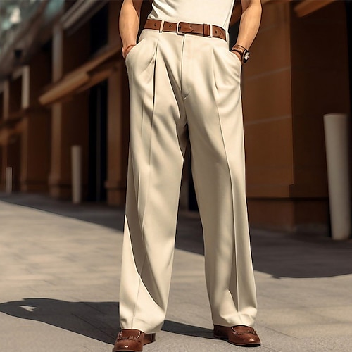 

Men's Dress Pants Trousers Baggy Pants Casual Pants Pleated Pants Wide Leg Front Pocket Straight Leg Plain Comfort Breathable Business Casual Daily Fashion Basic Black White