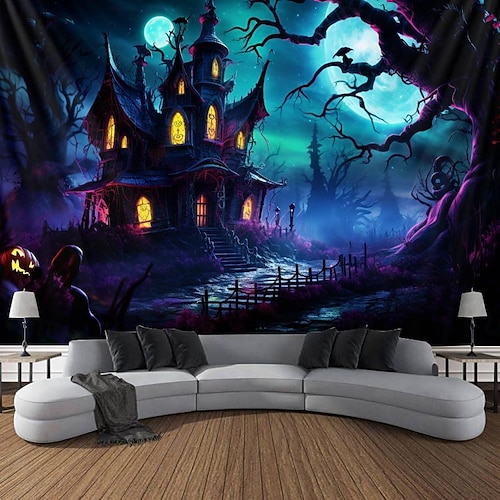  decorações de halloween casa caçada tapeçaria de luz negra uv reativa brilha no escuro cemitério enevoado tapeçaria pendurada arte de parede mural para sala de estar quarto