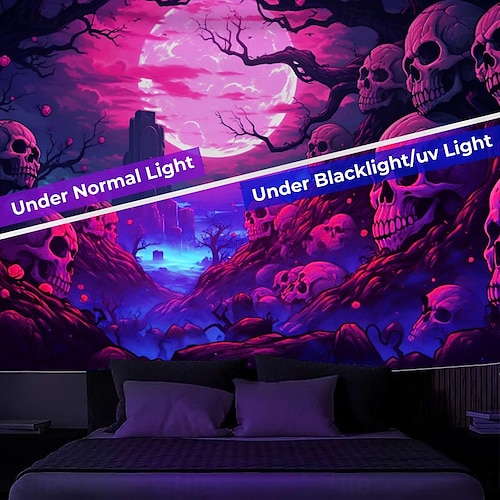  Halloween lebky černý světelný tapisérie UV reaktivní svítí ve tmě mlhavý hřbitov visící tapisérie nástěnné umění nástěnná malba do obývacího pokoje nebo ložnice