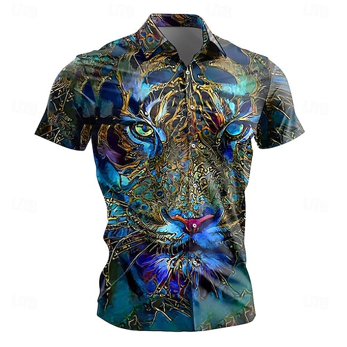 Men's Shirt Graphic Shirt Animal Tiger Collar Yellow Red Navy Blue Blue ...