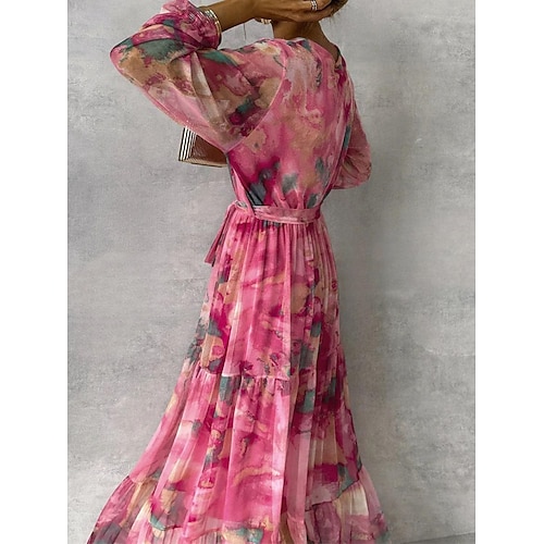  Women's Long Dress Maxi Dress Chiffon Dress A Line Dress Elegant Formal Party Wedding Guest Daily Regular Fit Floral Long Sleeve V Neck Fuchsia Summer