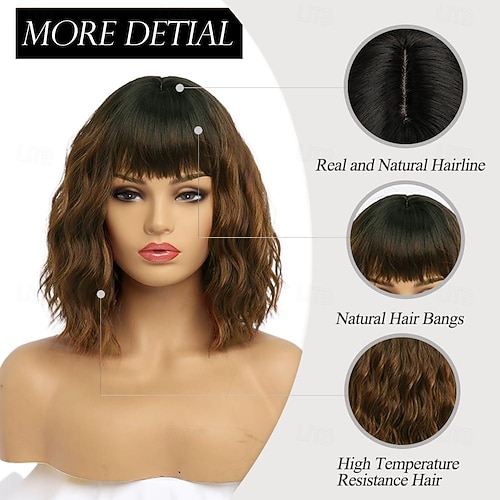 Parrucca Marrone Sfumata Con Frangia - Parrucca Sintetica - Foto 10