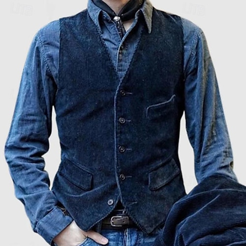 Herren Weste Urlaub Täglich Vintage Modisch Frühling & Herbst Knopf Dekorative Taschen Polyester Kord Komfortabel Glatt Einreiher - 1 Knopf V Ausschnitt Regular Fit Schwarz Blau Braun Armeegrün Weste