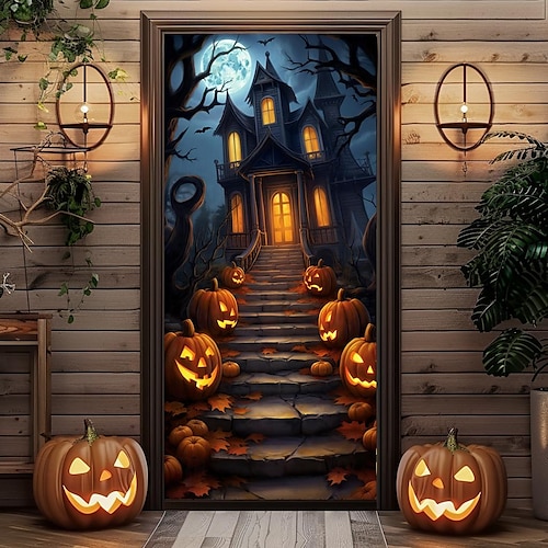 decorazioni per porte di Halloween copriporta di Halloween arazzo per porta con zucca e corvo, tenda per porta con sfondo decorativo, striscione per porta d'ingresso, decorazioni per feste in