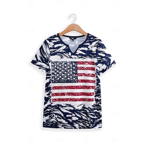  Ημέρα Ανεξαρτησίας Γυναικείο T Shirt Αμερικανική Σημαία Camo Μάγκισμα Κοντομάνικο V Neck Λεπτομέρεια Κουμπιού Χαλαρό Καλοκαιρινό Τοπ Κανονικό Plus Size Πατριωτική Ένδυση Υποδήματα