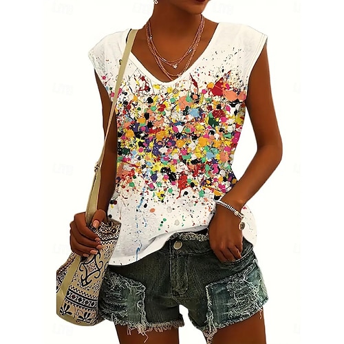 Top in camicia senza maniche per donne stampa ombre stilosa e casual vestibilità regolare scollo a V off-white estate
