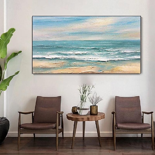 2026年 大きな海の海景キャンバス油絵、ビーチの波の絵、手描きの
