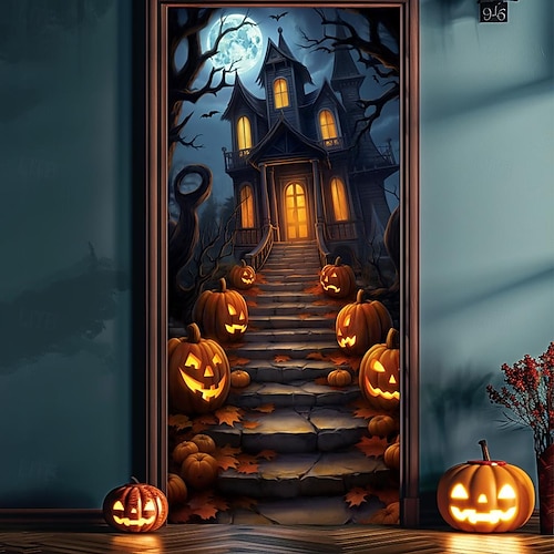  decorazioni per porte di Halloween copriporta di Halloween arazzo per porta con zucca e corvo, tenda per porta con sfondo decorativo, striscione per porta d'ingresso, decorazioni per feste in