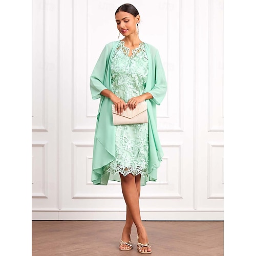  Damen Minikleid Kleid-Set A Linie Kleid Elegant Formell Party Hochzeitsgast Cocktailparty Lässiger Schnitt Dreiviertelarm V Ausschnitt Hellgrün Sommer Frühling Herbst