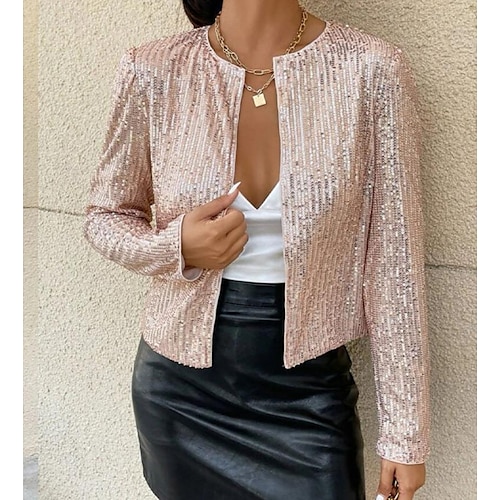 Damen Freizeitjacke Alltagskleidung Pailletten Feste Farbe Cool Regular Fit Oberbekleidung Langarm Frühling Rotgold S