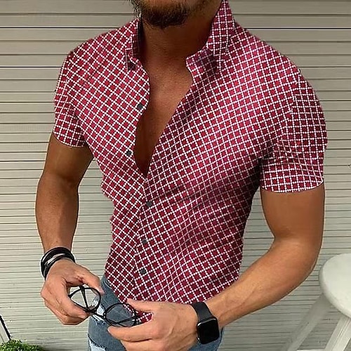  Voor heren Geometrisch patroon Raster Overhemd Korte mouw Ontwerper Strandstijl Casual Zomer Strijkijzer Afdrukken Zwart Wit Rood blauw Groen