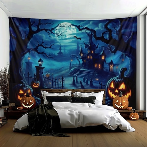  halloween dekorationer pumpa skog hängande gobeläng väggkonst stor gobeläng väggmålning dekor fotografi bakgrund filt gardin hem sovrum vardagsrum spökhus