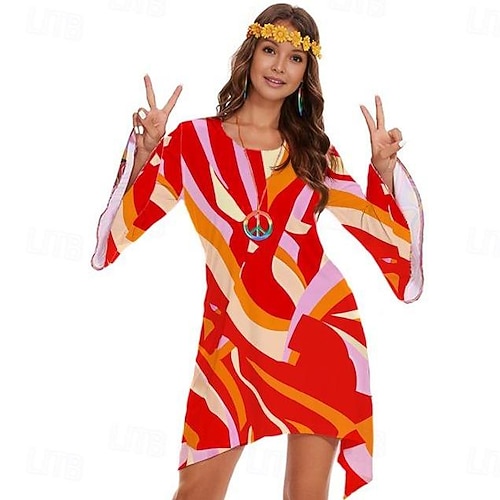 Retro Vintage 1970s 70s Fancy Dress Women Bell Sleeve Hippie Disco Graphic Round Neck Fancy Dress Women's Halloween Carnival Masquerade Party Daily