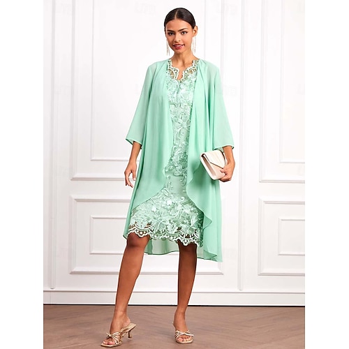  Damen Minikleid Kleid-Set A Linie Kleid Elegant Formell Party Hochzeitsgast Cocktailparty Lässiger Schnitt Dreiviertelarm V Ausschnitt Hellgrün Sommer Frühling Herbst