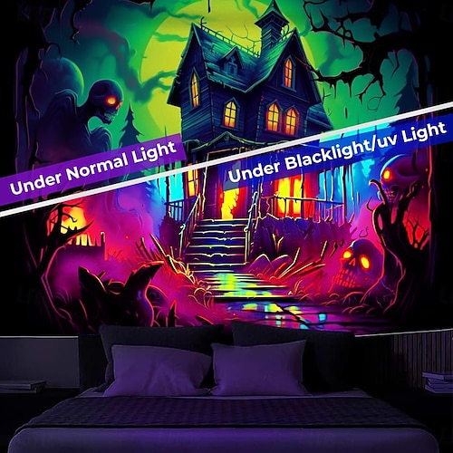  decorações de halloween casa caçada tapeçaria de luz negra uv reativa brilha no escuro cemitério enevoado tapeçaria pendurada arte de parede mural para sala de estar quarto