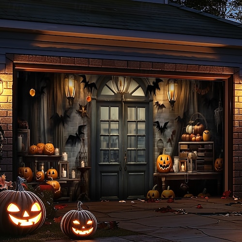  decorazioni per porte di Halloween, copertura per porta da garage di Halloween, striscione per esterni con zucca, porta vintage spaventosa, grande fondale, decorazione per le vacanze, porta da garage