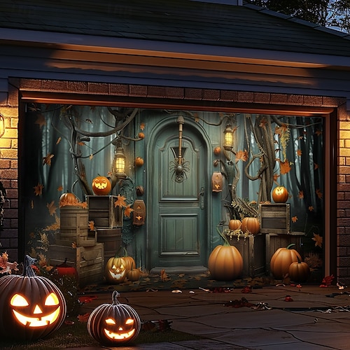  decorazioni per porte di Halloween, copertura per porta da garage di Halloween, striscione per esterni con zucca, porta vintage spaventosa, grande fondale, decorazione per le vacanze, porta da garage