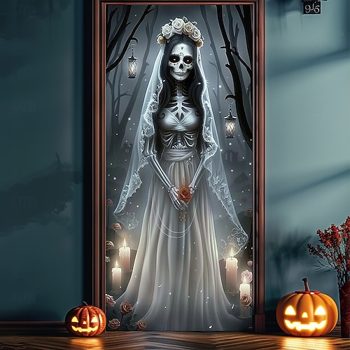  halloween dørdekorasjoner spøkelse brud halloween dørdeksler dør billedvev dør gardin dekorasjon bakteppe dør banner for inngangsdør gårdshus ferie fest dekor forsyninger