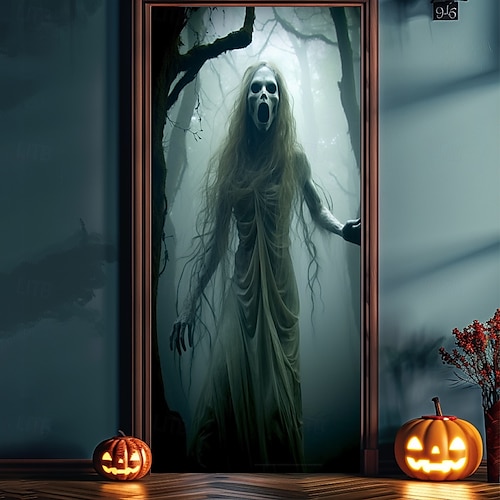  halloween dørdekorasjoner spøkelse brud halloween dørdeksler dør billedvev dør gardin dekorasjon bakteppe dør banner for inngangsdør gårdshus ferie fest dekor forsyninger