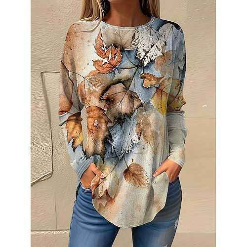 Per donna maglietta Colorato a macchie Piante Informale Manica lunga Girocollo Top regolari Giornaliero Stampa Giallo Primavera & Autunno