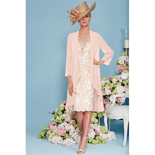 Robe Mère de la Mariée Deux Pièces Plage Élégante Col Bijou Longueur Genou Chiffon Dentelle Manches 3/4 Veste Incluse Robes avec Perles Appliqués taille personnalisée gratuite