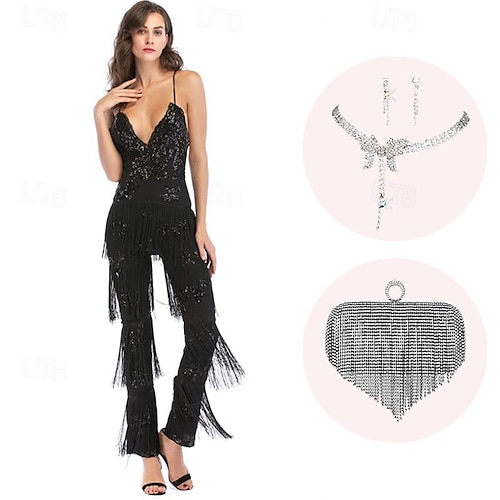 Retro Vintage Roaring 20s 1920s Cosplay Costume Outfits Jumpsuit The Great Gatsby Women s Sequins Tassel Fringe Christmas Halloween Carnival Halloween Party Evening Adults Bag Earring Jumpsuit 2024 79...