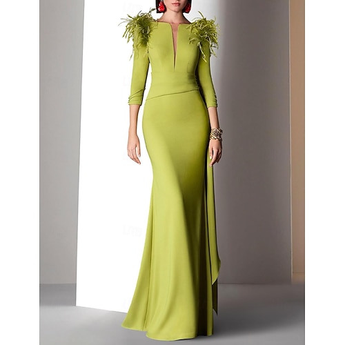Robe d'invitée de mariage en plume sirène robe de plage robe de soirée élégante formelle automne longueur totale à manches 3/4 décolleté en V avec volants froncés robe pour impressionner