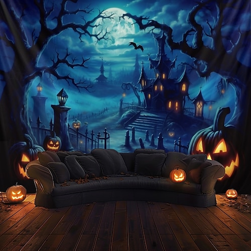  halloween dekorationer pumpa skog hängande gobeläng väggkonst stor gobeläng väggmålning dekor fotografi bakgrund filt gardin hem sovrum vardagsrum spökhus
