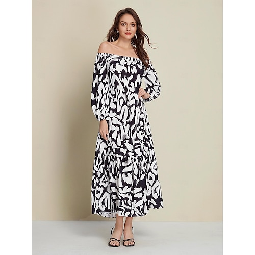 maxi abito con spalle scoperte in raso con stampa graffiti astratti