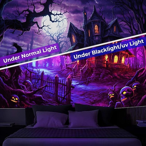  decorações de halloween casa caçada tapeçaria de luz negra uv reativa brilha no escuro cemitério enevoado tapeçaria pendurada arte de parede mural para sala de estar quarto