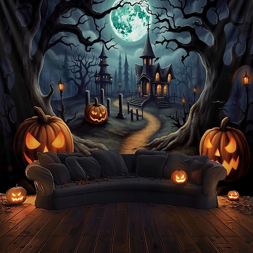  halloween dekorationer pumpa skog hängande gobeläng väggkonst stor gobeläng väggmålning dekor fotografi bakgrund filt gardin hem sovrum vardagsrum spökhus