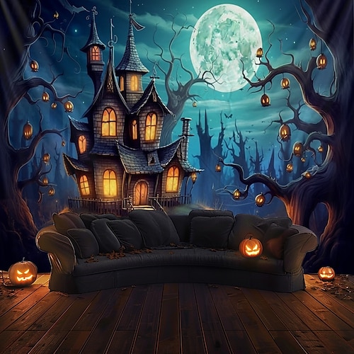  halloween dekorationer pumpa skog hängande gobeläng väggkonst stor gobeläng väggmålning dekor fotografi bakgrund filt gardin hem sovrum vardagsrum spökhus