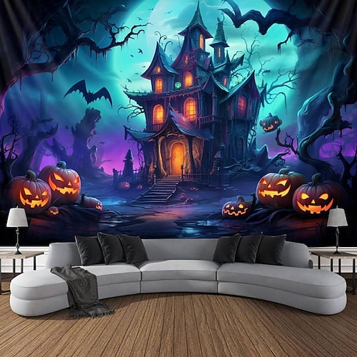  decorações de halloween casa caçada tapeçaria de luz negra uv reativa brilha no escuro cemitério enevoado tapeçaria pendurada arte de parede mural para sala de estar quarto