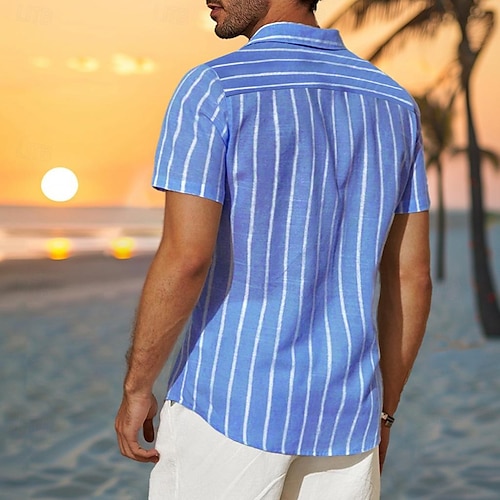  Herren Hemd Schwarz Blau Kurzarm Gestreift Vertikale Streifen Umlegekragen Outdoor Lässig Knöpfe Bekleidung 100% Baumwolle Urlaub Täglich