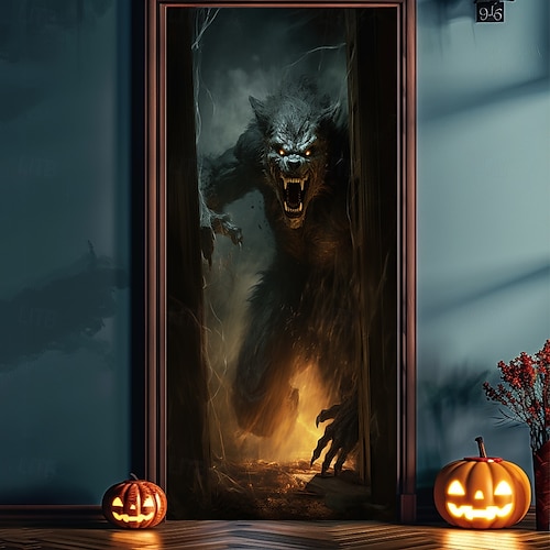  halloween dveřní dekorace halloween kryty dveří vlkodlak kostra dveře tapisérie dveřní záclona dekorace pozadí dveřní banner pro přední dveře statek dovolená party vnitřní venkovní dekorace zásoby