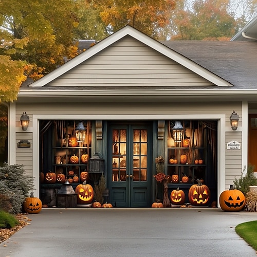  decorazioni per porte di Halloween, copertura per porta da garage di Halloween, striscione per esterni con zucca, porta vintage spaventosa, grande fondale, decorazione per le vacanze, porta da garage