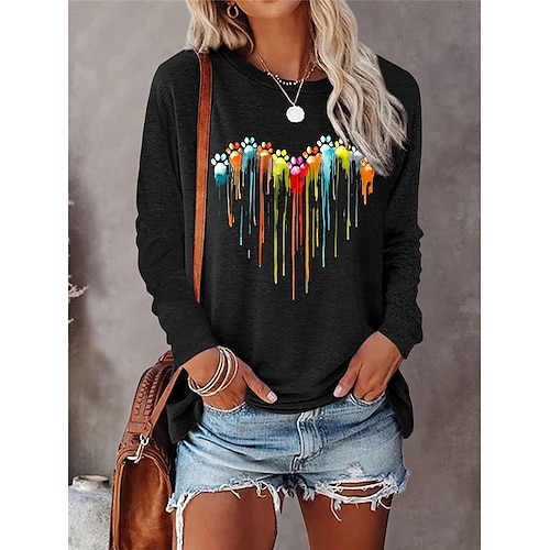  Women's T Shirt Ombre Heart Casual Long Sleeve Crew Neck Regular Tops Daily Print Black Spring Fall