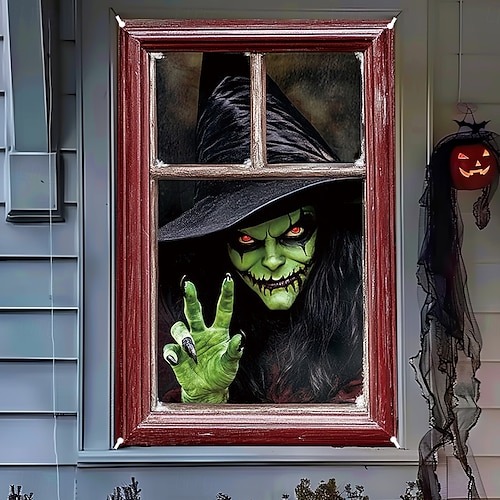  halloween vindusdekor dekorasjoner, stoff hekser skumle halloween gardin skrekkfilm plakat vindusdør som dekker dekor for hjemsøkt hus, skummelt halloween vindu klinger dekaler innendørs utendørs