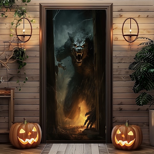  halloween dveřní dekorace halloween kryty dveří vlkodlak kostra dveře tapisérie dveřní záclona dekorace pozadí dveřní banner pro přední dveře statek dovolená party vnitřní venkovní dekorace zásoby