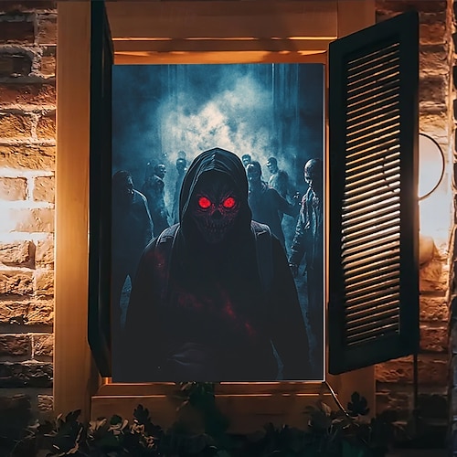  halloween vindusdekor dekorasjoner, stoff skumle halloween gardin skrekkfilm plakat vindusdør som dekker dekor for hjemsøkt hus, skummelt halloween vindu klinger dekaler innendørs utendørs