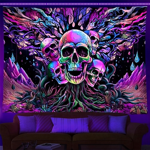  tapeçaria de luz negra uv reativa brilha no escuro caveiras brilhantes festa psicodélica psicodélica alucinante tapeçaria pendurada arte de parede mural para sala de estar quarto