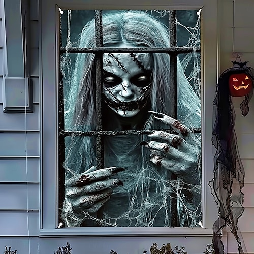  halloween vindusdekor dekorasjoner, stoff hekser skumle halloween gardin skrekkfilm plakat vindusdør som dekker dekor for hjemsøkt hus, skummelt halloween vindu klinger dekaler innendørs utendørs