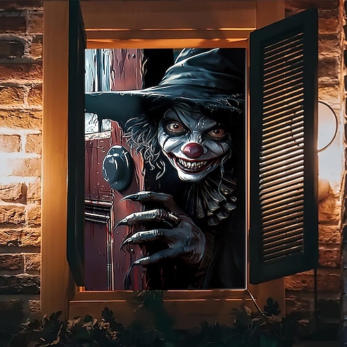  halloween vindusdekor dekorasjoner, stoff skumle halloween gardin skrekkfilm plakat vindusdør som dekker dekor for hjemsøkt hus, skummelt halloween vindu klinger dekaler innendørs utendørs