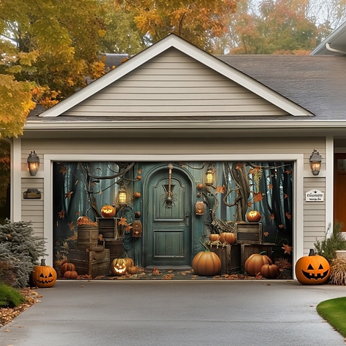  decorazioni per porte di Halloween, copertura per porta da garage di Halloween, striscione per esterni con zucca, porta vintage spaventosa, grande fondale, decorazione per le vacanze, porta da garage