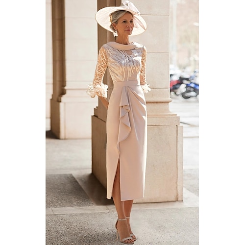 Robe Sheath de la Mère de la Mariée Élégante Simple Col Haut Longueur Thé Tissu Élastique Manches 3/4 avec Plis en Dentelle de Plume taille personnalisée gratuite