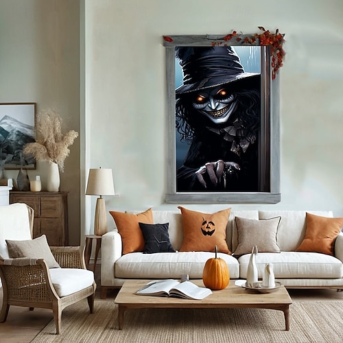  halloween vindusdekor dekorasjoner, stoff skumle halloween gardin skrekkfilm plakat vindusdør som dekker dekor for hjemsøkt hus, skummelt halloween vindu klinger dekaler innendørs utendørs