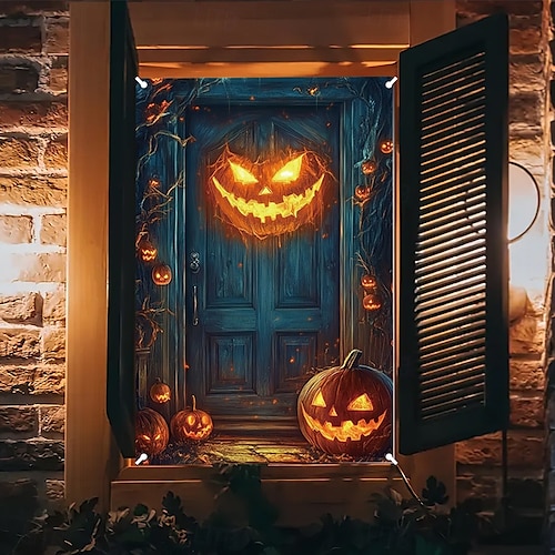  halloween vindusdekor dekorasjoner, stoff hekser skumle halloween gardin skrekkfilm plakat vindusdør som dekker dekor for hjemsøkt hus, skummelt halloween vindu klinger dekaler innendørs utendørs