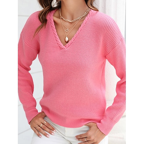 Femme Pull Chandail mode Couleur unie Crocheté Col V Tressé manche longue Hauts réguliers Tricoter Travail Noir Rose Claire Printemps Automne